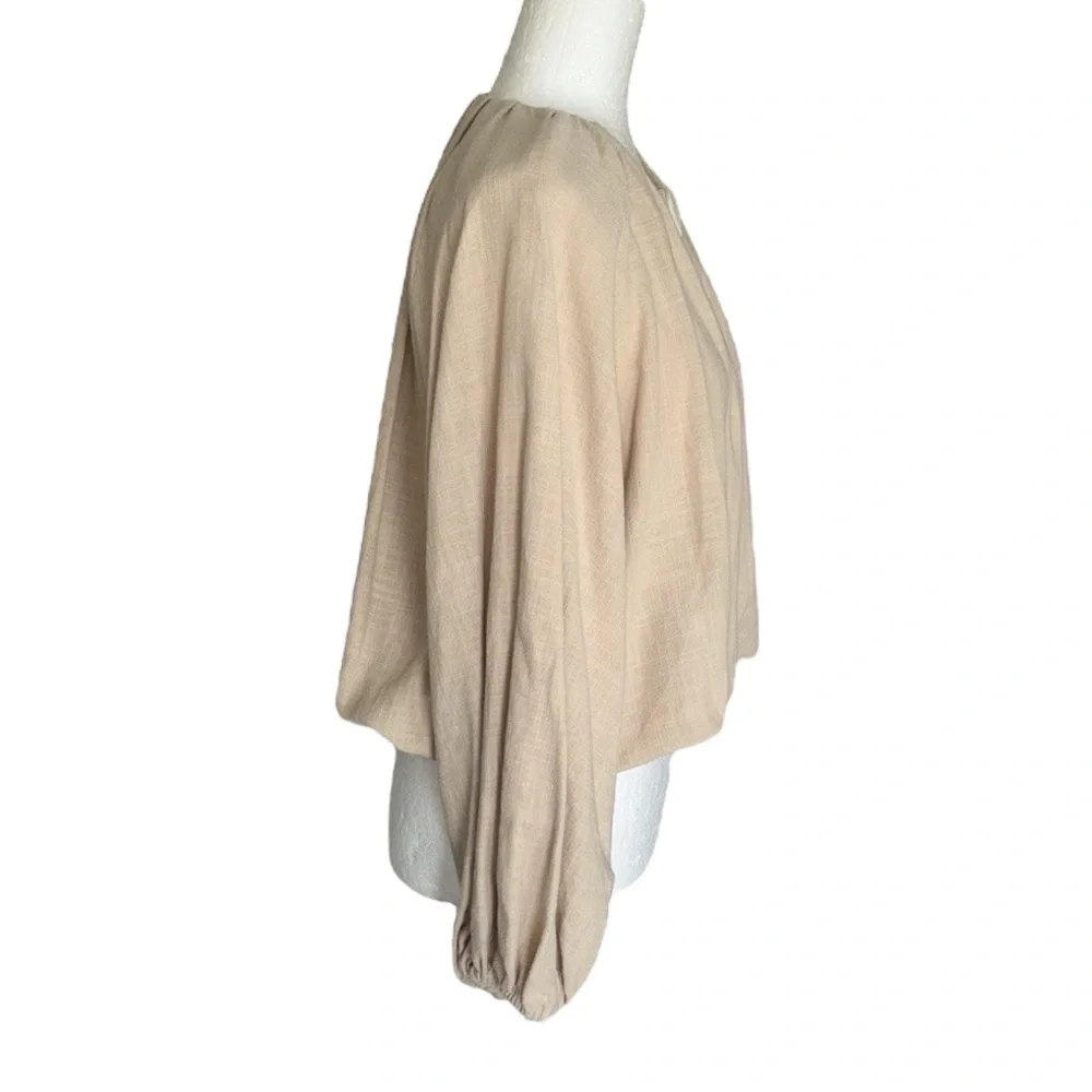 LN Zara Beige Shell Button Puff Sleeve Blouson Balloon Cropped Top Blouse - M